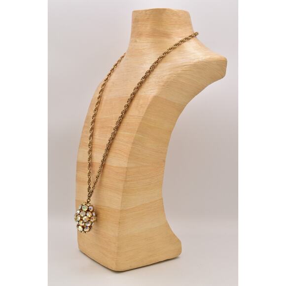 Vintage Crystal Pendant Necklace Open Bezel Aurora Borealis Gold Tone 80s Bin6A - Picture 9 of 11